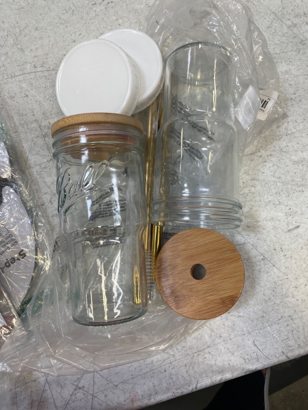 Photo 2 of  Reusable Boba/ Smoothie Tumbler, Glass, Bubble Tea Cup, 2 Pack Wide Mouth 22oz for Iced Coffee with Bamboo Lid and Straw, Mason Jar for Drinking (Gold Straw, 2)