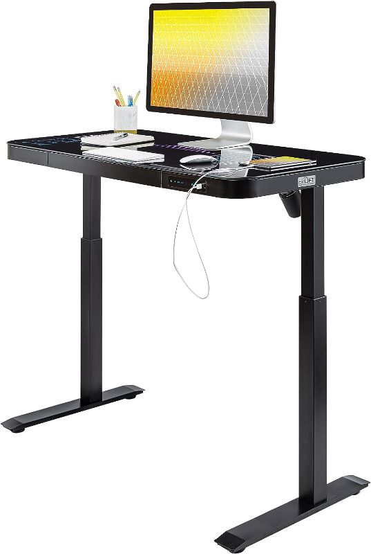 Photo 1 of Seville Classics Airlift Electric Height Adjustable Desk with Tempered Glass Top, USB Charging Ergonomic Sit Stand Modern Home Office Workstation, 47.5" x 24" Pull Out Drawer, Black
