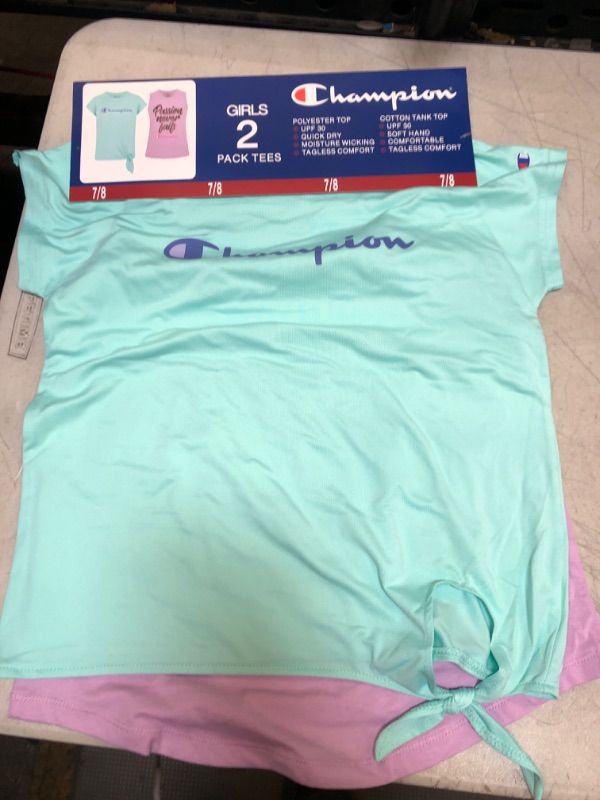 Photo 2 of Champion Girls 2-Pack Active Wear UPF 30 Moisture Wicking T-shirts (Aruba Blue/Orchid Bouquet
Size: 7/8