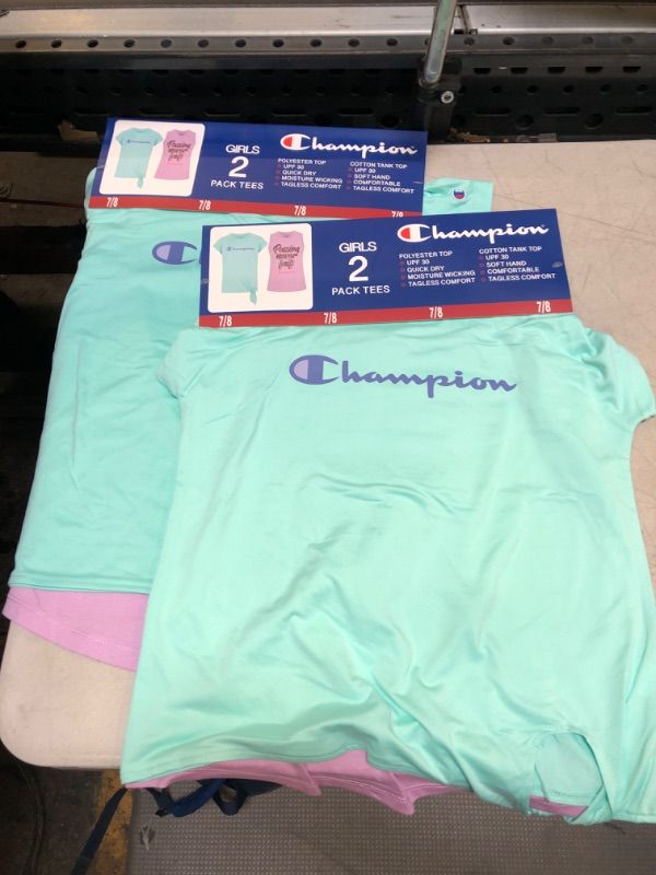 Photo 2 of 2x Champion Girls 2-Pack Active Wear UPF 30 Moisture Wicking T-shirts (Aruba Blue/Orchid Bouquet
Size: 7/8