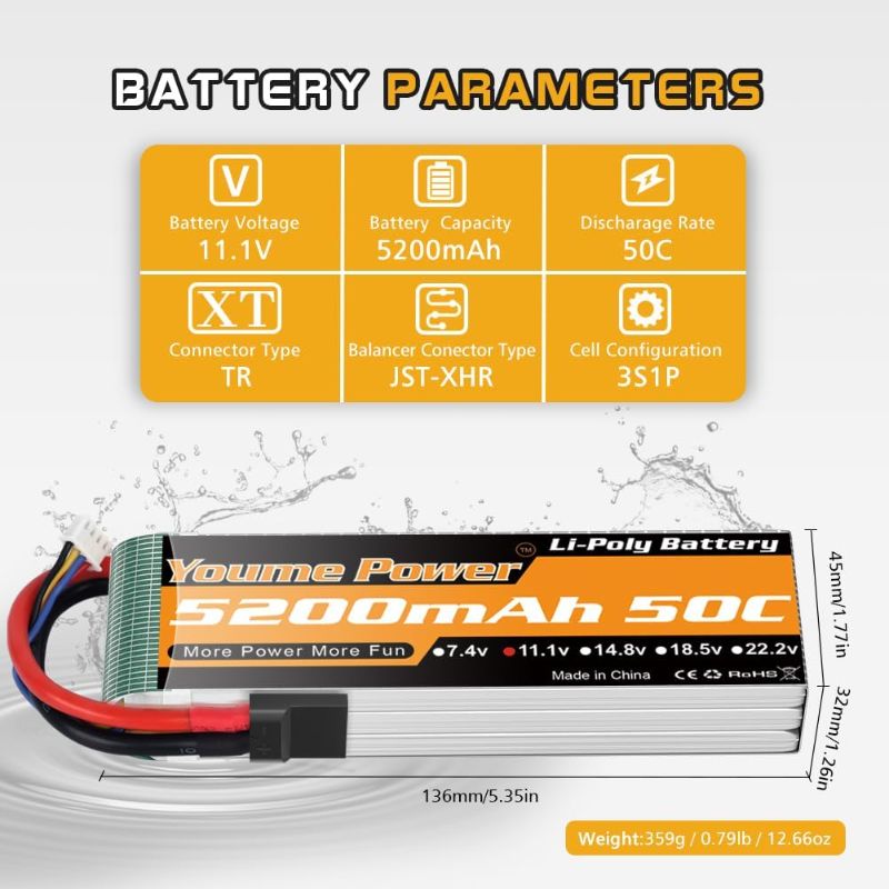 Photo 2 of 3S Battery Lipo,2 Packs 11.1V Lipo Battery 5200mAh with Tr Plug for RC Car/Truck, Boat,Drone,Buggy,Truggy,RC Helicopter, RC Airplane,UAV, FPV (Short)
