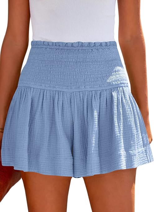 Photo 1 of ANGGREK Womens Summer Casual Shorts Loose High Elastic Waisted Pleated Ruffle Beach Shorts Flowy Cute Shorts
