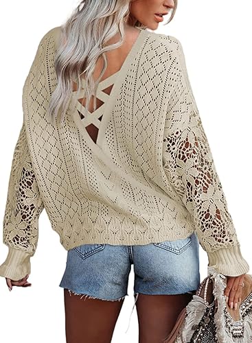 Photo 1 of AlvaQ Women V Back Criss Cross Sweater Casual Loose Crewneck Lace Sleeve Knit Pullover Jumper Tops
