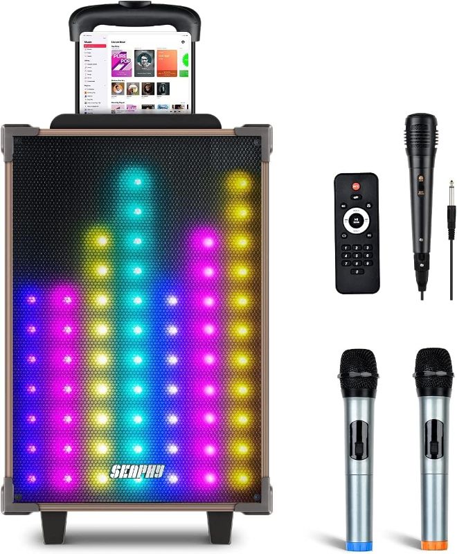 Photo 1 of Karaoke Machine for Adults and Kids, SEAPHY DJ Lights 10'' Wooden Woofer BT Connectivity Wireless PA Speaker System with 3 Handheld Microphones for Party/Meeting/Performance Cool Disco Light KB15