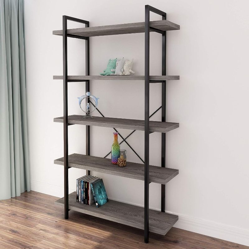 Photo 1 of 45MinST 5-Tier Vintage Industrial Style Bookcase/Metal and Wood Bookshelf Furniture for Collection, Gray Oak,3/4/5 Tier (5-Tier)
