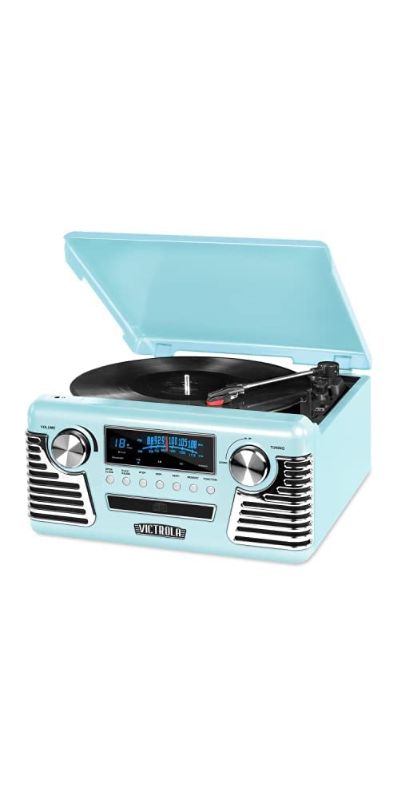 Photo 1 of Victrola 50's Retro Bluetooth Record Player & Multimedia Center & Vintage Vinyl Record Storage and Carrying Case, Fits All Standard Records - 33 1/3 Teal Record Player + Case,black