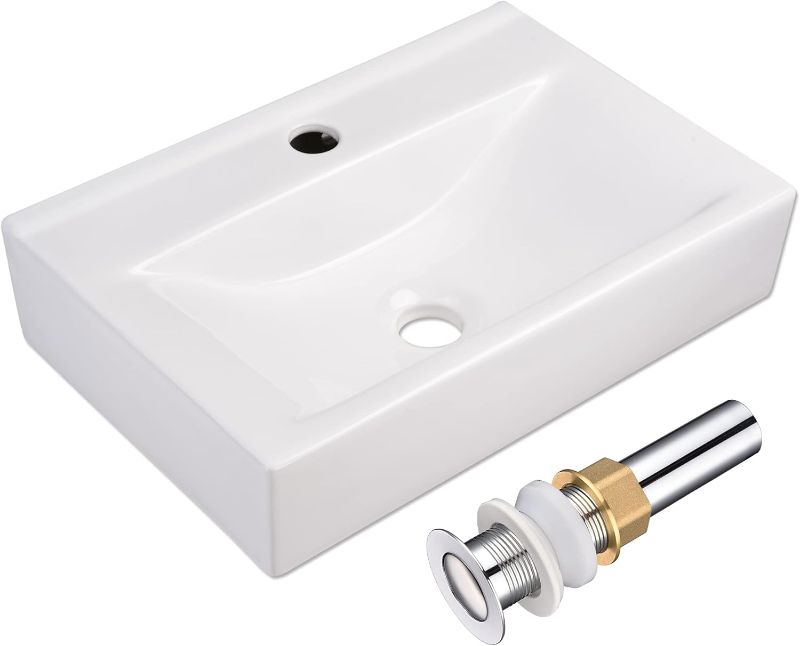 Photo 1 of Aquaterior 18" x 12" Modern Rectangle Bathroom Vessel Sink and Drain Combo Wall Mount Ceramic Porcelain Washing Basin Counter Top Lavatory White
