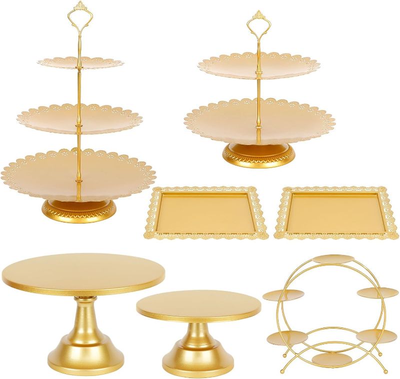Photo 1 of 7Pc Cake Stand Set Gold Metal Dessert Table Display Round Tiered Gold Cupcake Stand Macaron Ferris Wheel Holder Cookies Serving Trays Fruit Plates for Tea Party Wedding Birthday Baby Shower Decoration
