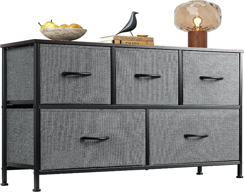 Photo 1 of WLIVE Dresser for Bedroom with 5 Drawers, Wide Chest of Drawers, Fabric Dresser, Storage Organizer Unit with Fabric Bins for Closet, Living Room, Hallway, Nursery, Dark Grey
