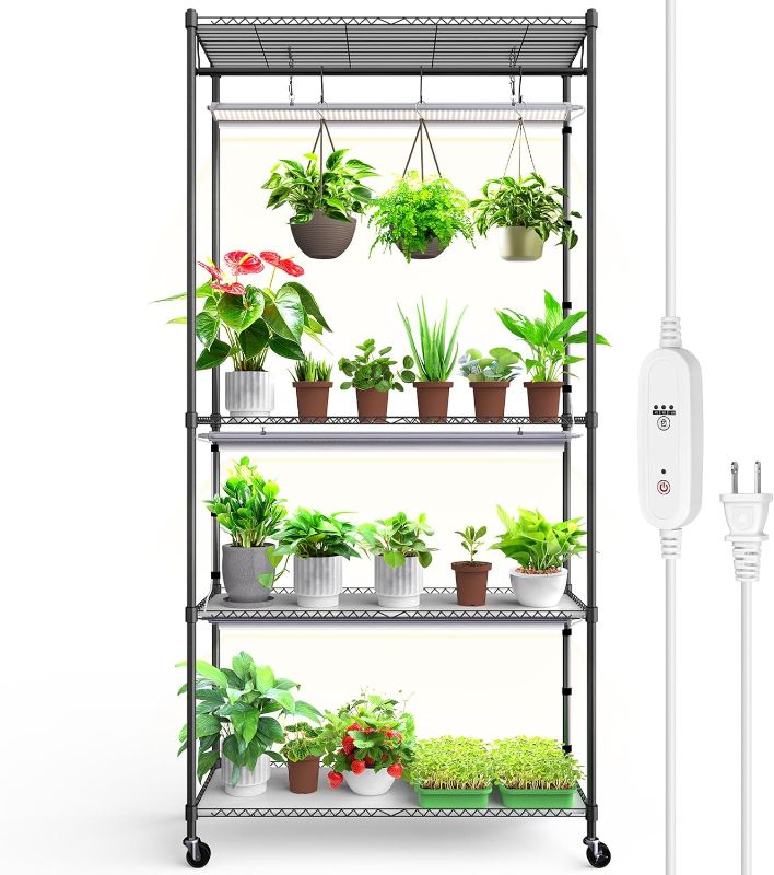 Photo 1 of Barrina Plant Stand with Grow Light, 3FT T5 5000K 36W 3 Packs LED Full Spectrum Indoor DIY Plant Shelf with Grow Lights Flower Pot Stand Display Rack, 4-Tier 35.4x13.8x70.9, Wheel, Built-in Timer
