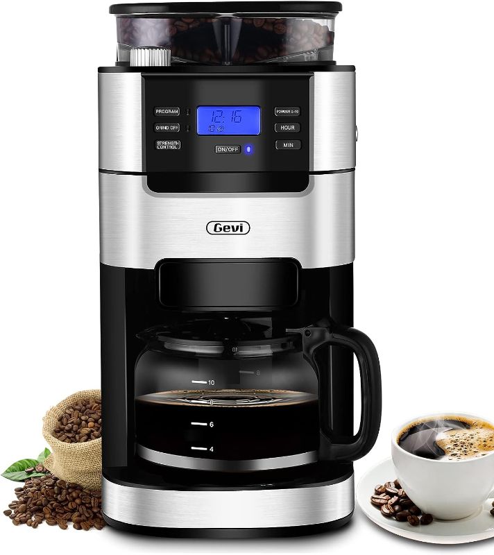 Photo 1 of 10-Cup Drip Coffee Maker, Brew Automatic Coffee Machine with Built-In Burr Coffee Grinder, Programmable Timer Mode and Keep Warm Plate, 1.5L Large Capacity Water Tank, Removable Filter Basket, 900W
