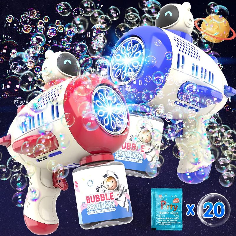 Photo 1 of 2 Pack Bubble Gun Machine for Kids Toddlers 1-3, 5000+ Bubbles Per Minute with 360°Leak-Proof, Automatic Space Bubble Blower with 20 Bubble Solution, Led Light for Outdoor Toy Gift for Boys Girls
