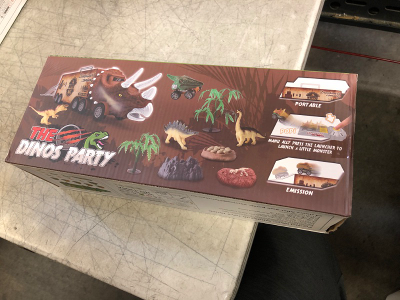 Photo 2 of BLUEJAY 21 Pack Dinosaur Toys for Kids 3-7, Dinosaur Truck with Oversized Dinosaur Map, Flashing Lights, Music and Roaring Sound, Kids Toys with 6 Pull Back Dinosaur Cars, 6 Dinosaur Toys (Brown) Brown2