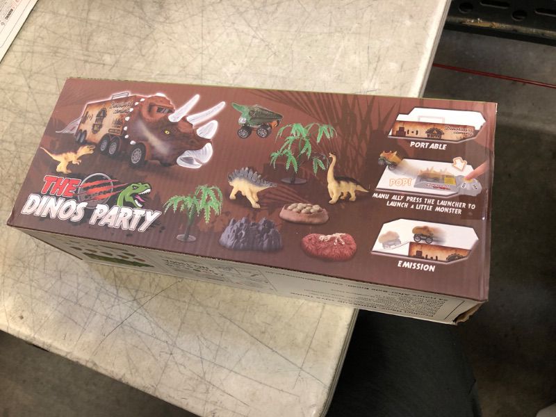 Photo 1 of BLUEJAY 21 Pack Dinosaur Toys for Kids 3-7, Dinosaur Truck with Oversized Dinosaur Map, Flashing Lights, Music and Roaring Sound, Kids Toys with 6 Pull Back Dinosaur Cars, 6 Dinosaur Toys (Brown) Brown2