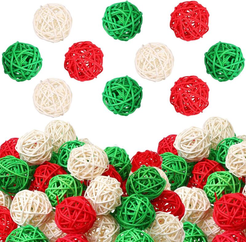 Photo 1 of Christmas Rattan Wicker Balls Christmas Bowl Filler Decorative Orbs Vase Filler Red Green White Balls for Xmas Tree Hanging Craft Bowl Centerpieces Home Table Aromatherapy Decor 1.8 Inch (45 Pieces)
