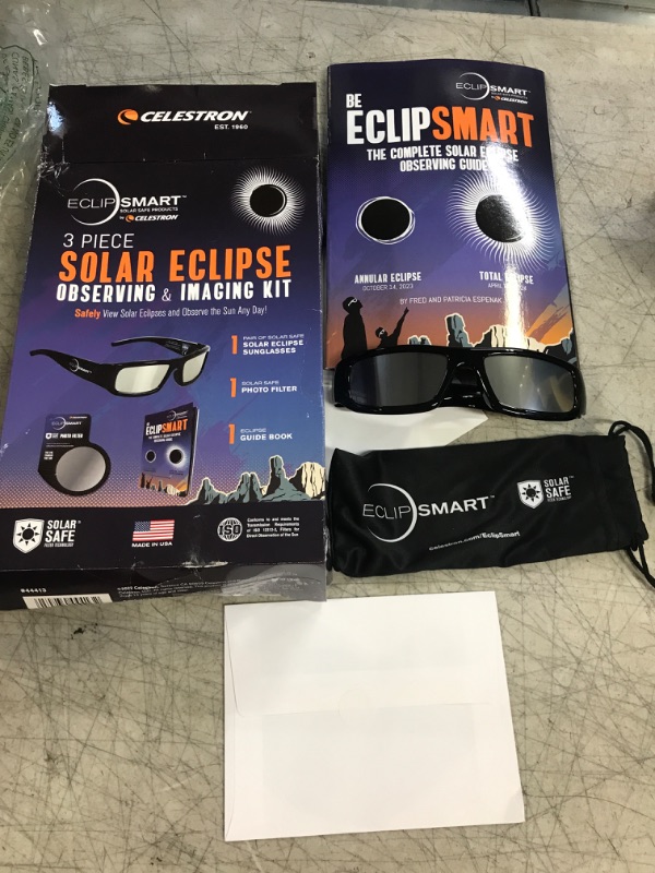 Photo 2 of Celestron – 3-Pc EclipSmart Safe Solar Observing & Imaging Kit – Meets ISO 12312-2:2015(E) Standards – Premium Solar Safe Filter Technology – Includes Eclipse Glasses + Photo Filter + Eclipse Book