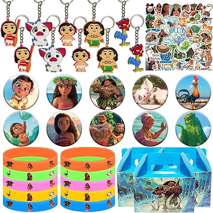 Photo 1 of 90PCS Moana Birthday Party Supplies, Birthday Party Decorations, Including 10PCS Keychain, 10PCS Badge, 10PCS Bracelets, 50PCS Stickers 10PCS Boxes for Moana Birthday Party Decorations
