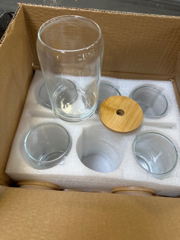 Photo 2 of [ 6pcs Set ] Glass Cups with Bamboo Lids and Glass Straw - Beer Can Shaped Drinking Glasses, 16 oz Iced Coffee Glasses, Cute Tumbler Cup for Smoothie, Boba Tea, Whiskey, Water - 2 Cleaning Brushes