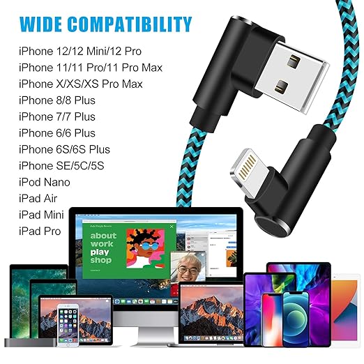 Photo 1 of iPhone Charger Cable10 ft Lightning Cable Right Angle 3 Pack MFi Certified Nylon Braided 90 Degree iPhone Cord for iPhone 13 12 11 Pro X XS XR 8 Plus 7 6 5 and More (Blue Black)