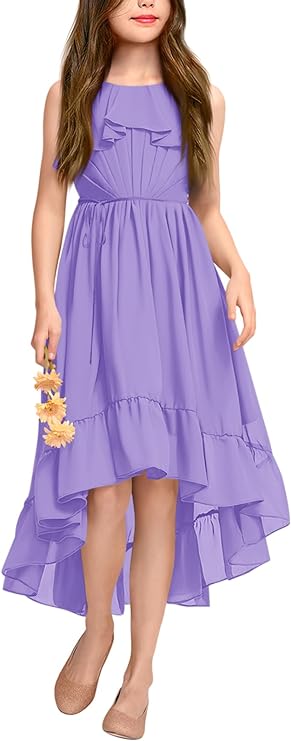 Photo 1 of 13/14 Years  Girls A-Line Junior Bridesmaid Dresses Ruffle Chiffon Asymmetrical Wedding Birthday Party Dress Purple