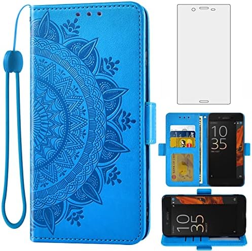 Photo 1 of Asuwish Compatible with Sony Xperia XZ Premium Wallet Case and Tempered Glass Screen Protector Credit Card Holder Flip Purse Wrist Strap Stand Cell Phone Cover for Experia G8141 G8142 Women Men Blue