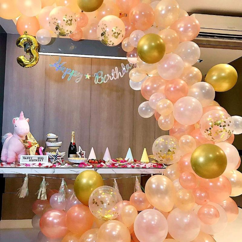 Photo 1 of  RC&Z Rose Gold Balloon Garland Arch Kit - 120 with Pearl Peach, White, Gold Metallic, Gold Confetti Latex Balloons for Baby Shower Decorations Wedding Birthday Bachelorette Party Backdrop Background
