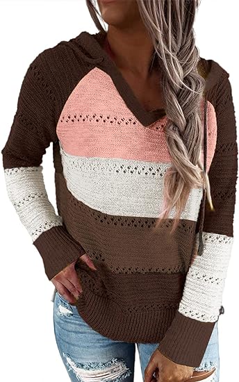 Photo 1 of 2XL---*SHEWIN Women's Color Block Lightweight Hooded Sweater Drawstring Hoodies Pullover Sweatshirts
