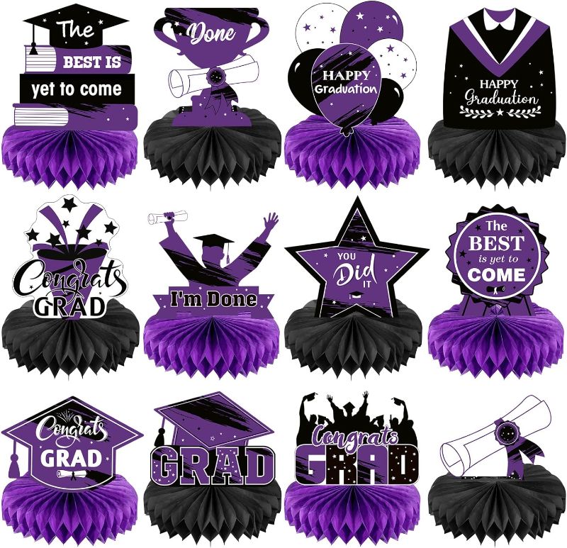 Photo 1 of 6pack ---Honoson 12 Pcs 2023 Graduation Party Decorations Class of 2023 Congrats Grad Honeycomb Centerpieces Congratulate Graduation Table Toppers for Graduation Party Favor Supplies (Purple, Black)
