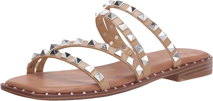 Photo 1 of 7.5--Phopix Womens Studded Slides Sandals Strappy Square Open Toe Rhinestones Flat Sandal 10 Khaki
