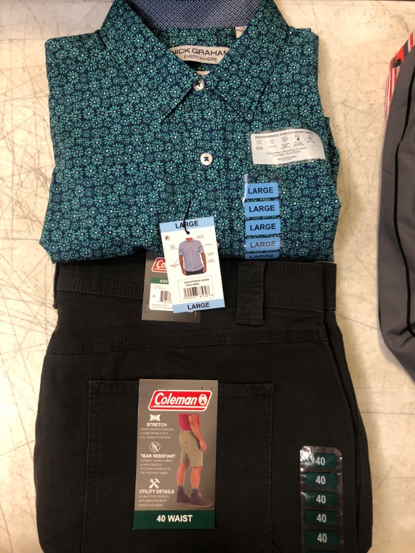 Photo 3 of 2 Pack Lot Shirt and Shorts ,Nick Graham Men L Performance Stretch Printed Woven Short Sleeve Button up Shirt Aqua - Large, and Coleman Shorts Cargo Pockets Duck Canvas Flex Waistband Toffee Men Sz 40 Dark Grey