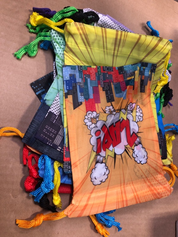 Photo 3 of 24 Pieces Hero Party Drawstring Bags, Colorful Hero Party Favor Gift Treat Bags Birthday Decorations Supplies for Wedding Classroom Party Baby Shower Candy Goodie Rewards Prize Bag Kids Teens