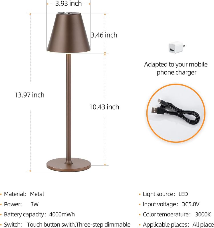 Photo 3 of 2 Pack LED CordlessTable Lamp,4000mAh Rechargeable Battery Desk lamp,3 Level Brightness Night Light, Metal Shell,Minimalist Design, for Couple Dinner/Coffee Table/Restaurant/Bedroom(2Pack Khaki) Khaki 2pack