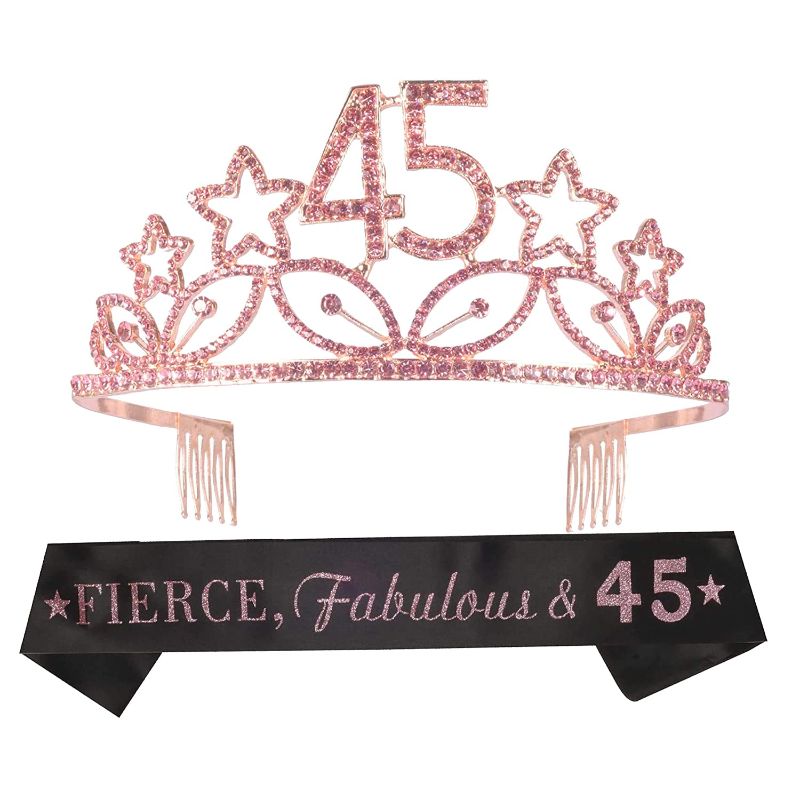 Photo 1 of 45th Birthday Sash and Tiara Set for Women - Fierce, Fabulous and 45 Glitter Sash - Stars Rhinestones Pink Tiara - Gift for 45th Celebration Decorations and Accessories