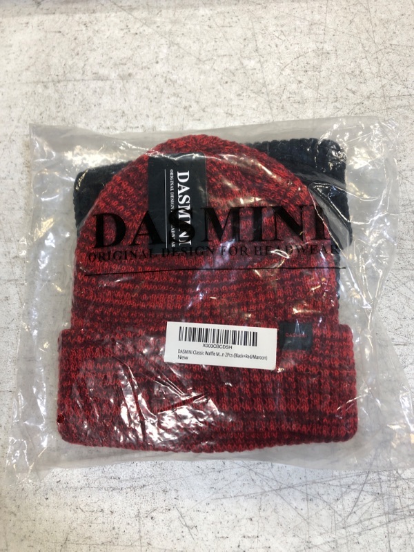 Photo 2 of DASMINI Beanie Hats for Men and Women Thick Winter Hats Warm Stocking Caps Mens Beanie Knit Hat Large Head Waffle BLACK+RED
