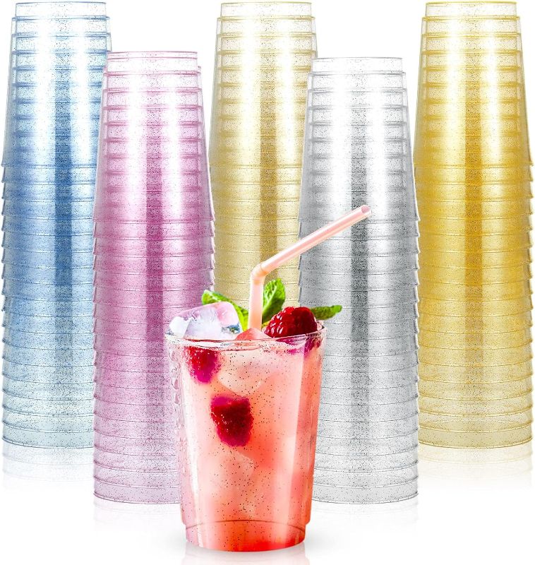 Photo 1 of 150 Pcs 10oz Glitter Plastic Cups Disposable Party Cups Bulk, Clear Heavy duty Wine Cocktail Tumblers Drink Cups for Wedding Christmas Party Picnics Decoration (Gold, Purple, Blue, Champagne, Silver)
