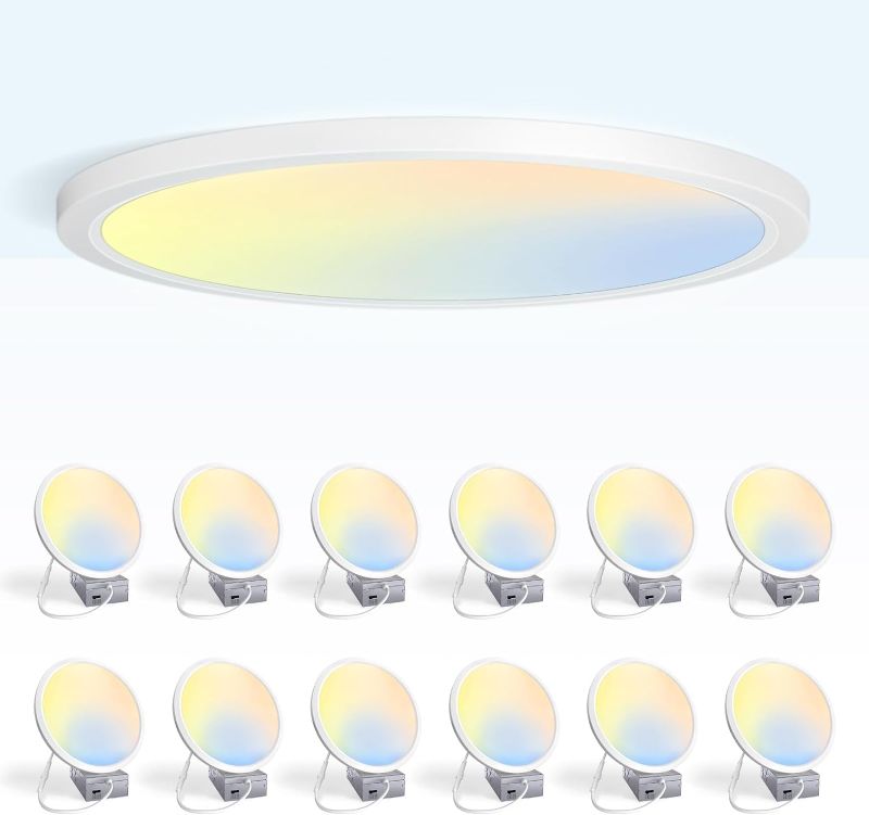 Photo 1 of Amico 12 Pack 7 Inch 5CCT Slim LED Semi-recessed Ceiling Light with Junction Box, Fit 4/5/6 Inch Hole, 2700K/3000K/4000K/5000K/6000K,18W Eqv 120W, Dimmable Canless Downlight,1500LM Brightness, ETL
