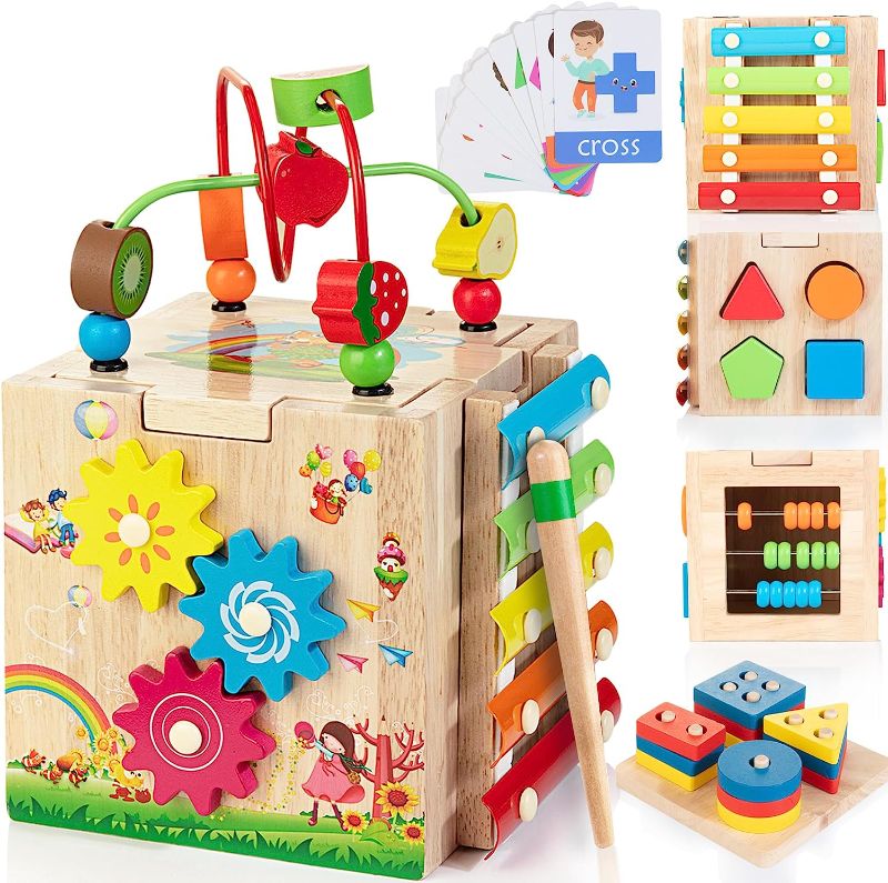 Photo 1 of Bravmate Wooden Activity Cube, 8-in-1 Wooden Montessori Learning Toys for 12 M+ Toddlers, One Year Old First Birthday Gift, Baby Toy Set with Bonus Sorting & Stacking Board
