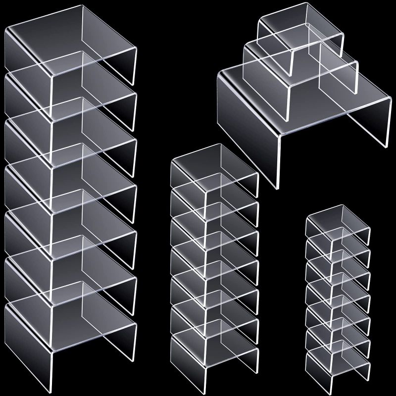 Photo 1 of 24 Pieces Acrylic Risers for Display Clear Acrylic Stand Shelf Display Risers for Collectibles Tabletop Acrylic Riser for Jewels Cupcakes Tea Sets Small Toys Arts Crafts and Candy (Assorted Sizes)