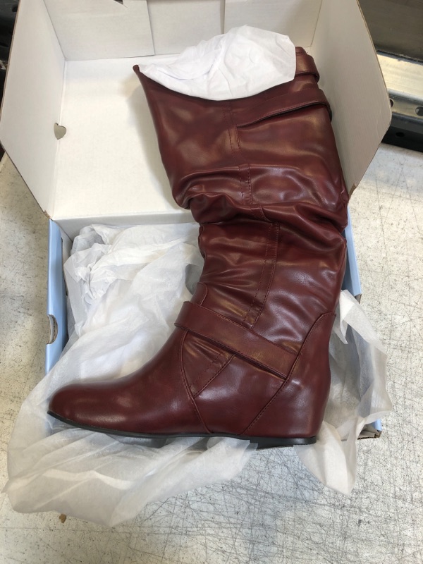 Photo 2 of Coutgo Womens Slouched Knee High Boots Wide Calf Pull On Buckle Flat Winter Boot 5 Burgundy