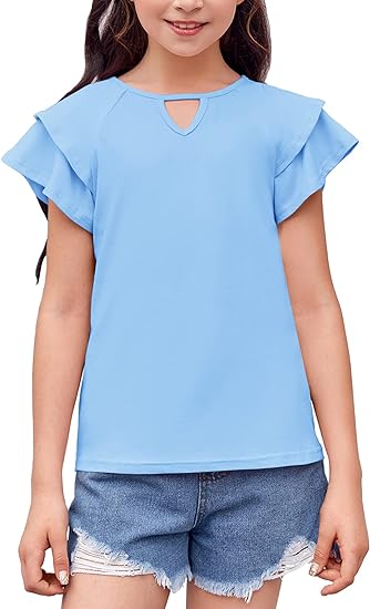 Photo 1 of Girls Summer Ruffle Sleeve Shirts Crew Neck Loose Blouse Solid Color Casual Tee Tops Size 5-14 Years
