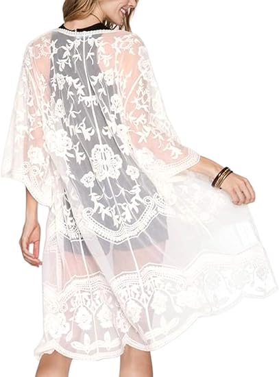 Photo 1 of  Women's Lace Cardigan Floral Crochet Sheer Beach Cover Ups Long Kimono