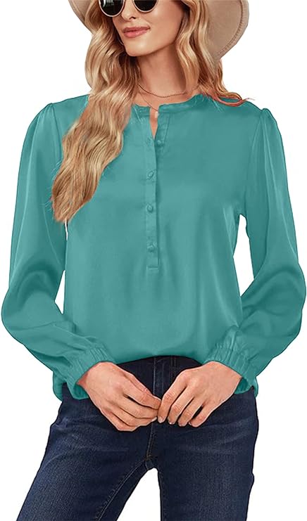 Photo 1 of  Women's Satin Blouse Long Sleeve Split Round Neck Button Front Casual Work Office Blouse Top L