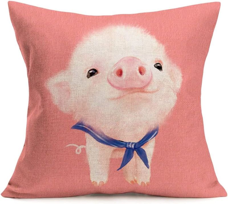 Photo 1 of Xihomeli Cute Animal Pink Pig Baby Cotton Linen 18x18 Inch Throw Pillow Cover Pink Background Farmhouse Rustic Decorations Cushion Case Cover Blue Tie Square Pillows Case for Kids (Pink Pig)
