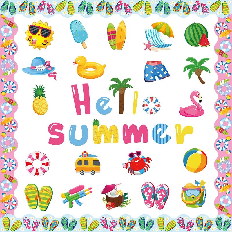 Photo 1 of 67 Pcs Hello Summer Cutouts, Summertime Bulletin Board Decoration Hawaiian Luau Beach Accents DIY Paper Cutouts with 100Pcs Glue Points Seasonal Classroom Decor for School Kindergarten Party Supplies
