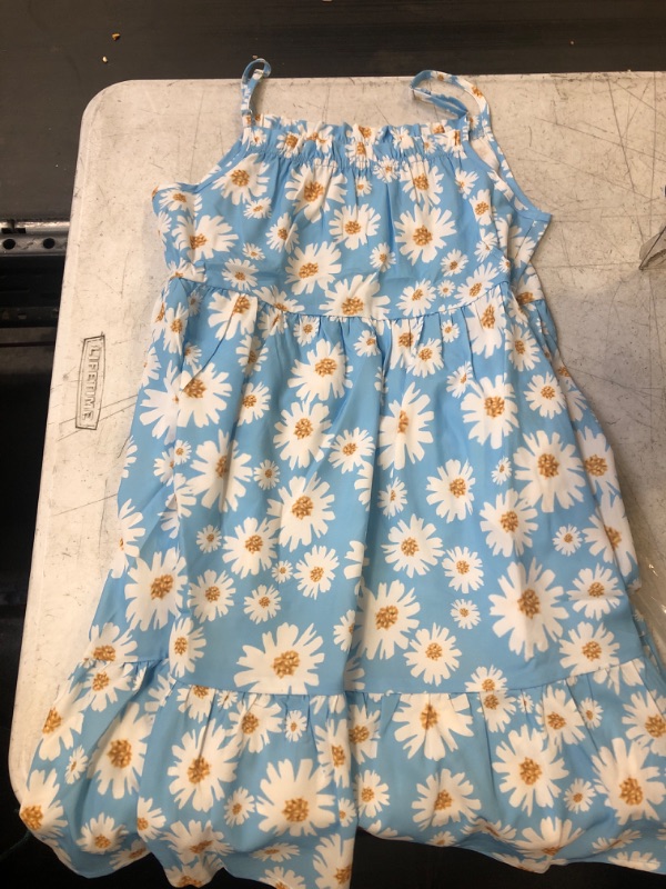 Photo 2 of Geckatte Girls Summer Dresses Floral Spaghetti Strap Sleeveless Pleated Midi Beach Flowy Dress with Pockets 6-7 Years Blue