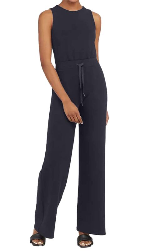 Photo 1 of Asskdan Womens Jumpsuit Loose Solid Elastic Waist Drawstring Sleeveless Straight Leg Pants Rompers with Pockets Navy Blue Small