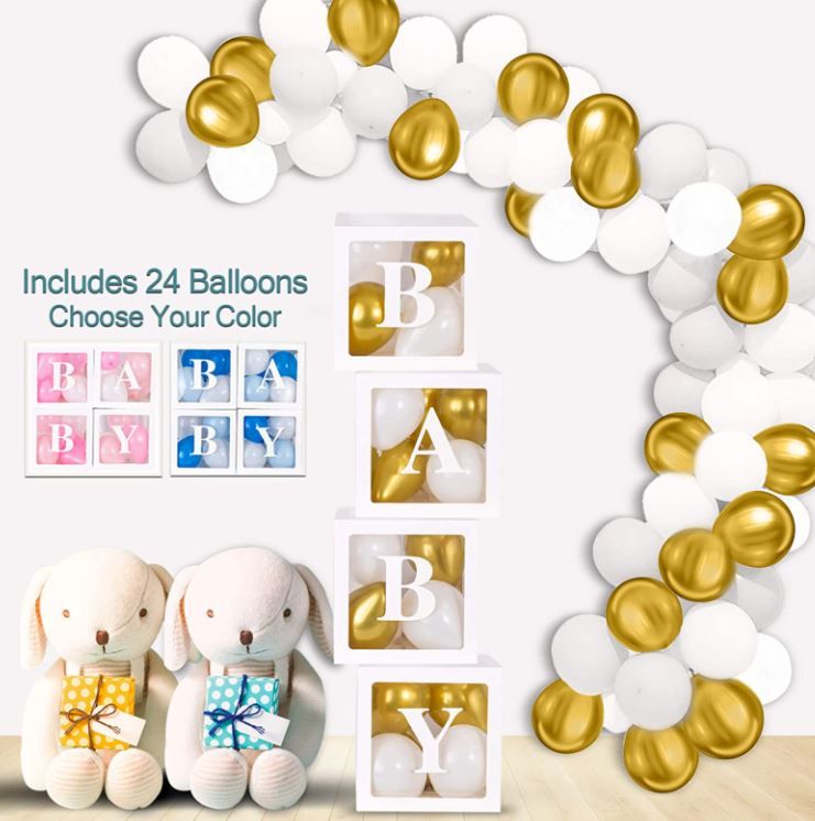 Photo 1 of Mint+Elm Gender Neutral Baby Shower Decorations, Clear Boxes with Gold Party Dec