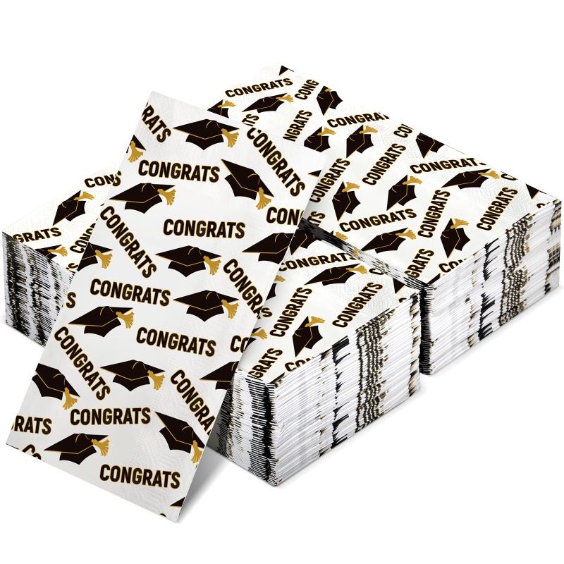 Photo 1 of 100 Pieces Graduation Napkins Disposable Congrats Grad Cap Class Graduation Paper Napkins Graduation Party Decoration Supplies for High School College(Black, Congrats) Congrats Black  2 PACKS