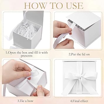 Photo 1 of 4 In Small Gift Box with Lid, Ribbon Bow and Shredded Filler Gift Wrapping Paper Box for Weddings, Graduations, Birthday, Christmas, Bridesmaid Proposal Gifts (White)