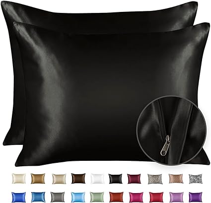 Photo 1 of  Black Satin Pillowcase for Hair and Skin, Silk Pillowcase Black 2 Pack, Luxury Satin Pillowcases with Zipper Closure, Satin Pillow Case Cover Standard Satin Silk Pillowcase for Hair & Skin